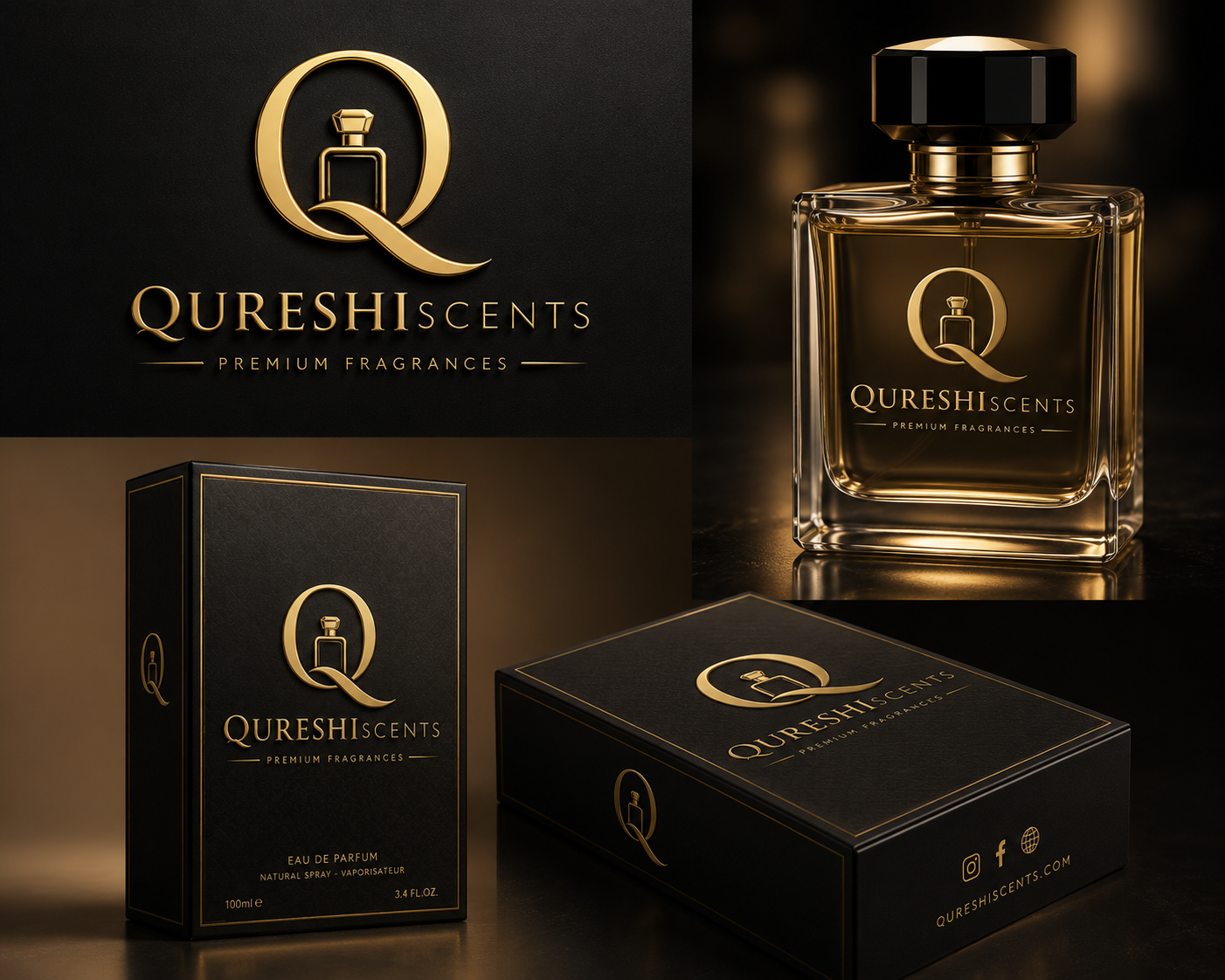 QureshiScents bottle, logo and luxury packaging
